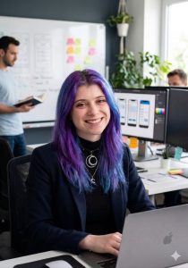 Fotografia de Jéssica Facchin, uma mulher de olhos castanhos e cabelo roxo com um sorriso largo para a câmera.